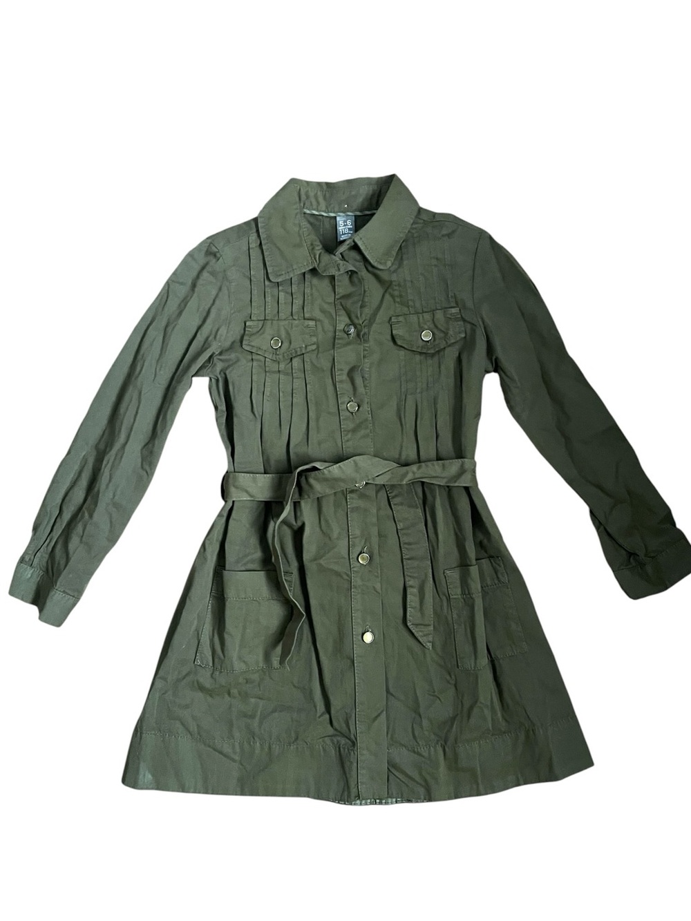Zara Kids Olive Green Utility Trench Dress / Shacket 5T Waist Belt 100% Cotton